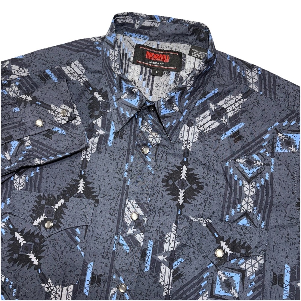 Rock & Roll Denim Shirt Men's L Gray Aztecโ Western Modern Fit Pearl Snap Cowboy